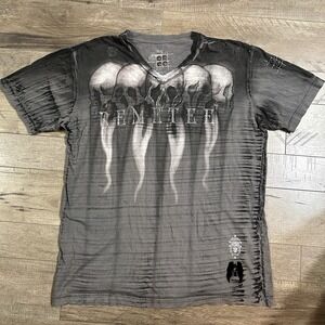 Grunge Y2K Men's V-Neck Remetee Skull Grey T-Shirt Sz L